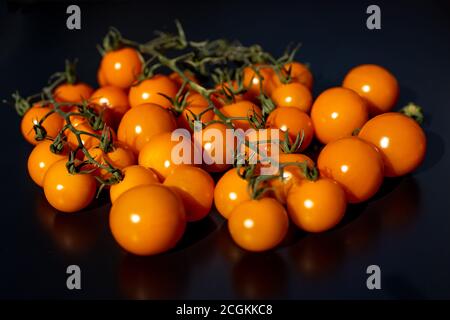 Fresh orange Baby plum tomatoes, on branch. Orange plum tomato isolated on black. Stock Photo