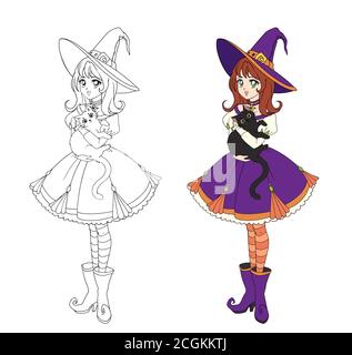 Beautiful anime witch holding black cat. Red hair, purple dress and big hat. Hand drawn vector illustration for coloring book. Isolated on white Stock Vector