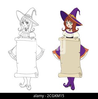 Beautiful anime witch holding parchment banner. Red hair, purple dress and big hat. Hand drawn vector illustration for coloring book. Isolated on whit Stock Vector