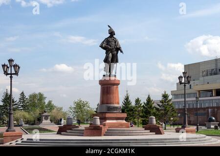 Monument to statesman N.P. Rezanov (1799-1881) on the square in front of the Great Concert Hall in the city of Krasnoyarsk in springtime. Russia. Stock Photo