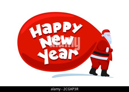 Santa Claus cartoon character coming and carries large huge heavy gifts red bag. Christmas and Happy New year holiday greeting card. Vector flat celebration poster illustration Stock Vector