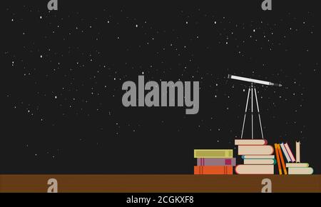 Education future concept vector flat illustration.Telescope stands on books against the background of the night sky Stock Vector