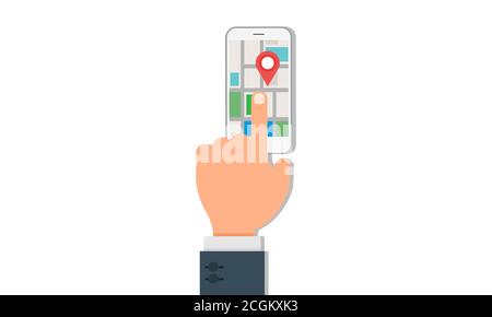 Find the right place using the phone GPS navigation concept vector flat illustration banner Stock Vector