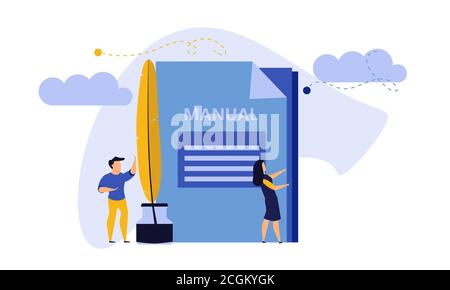 Man and woman create document book manual. Business handbook advice content vector. Online web paper digital illustration article journalism. Social m Stock Vector