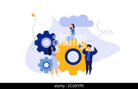 Man and woman business organization with circle gear vector concept illustration mechanism teamwork. Skill job cooperation coworker person. Group comp Stock Vector