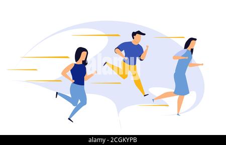 Goal employee man and woman business action target. Run to journey concept vector illustration achievement. Success leadership background work. Challe Stock Vector