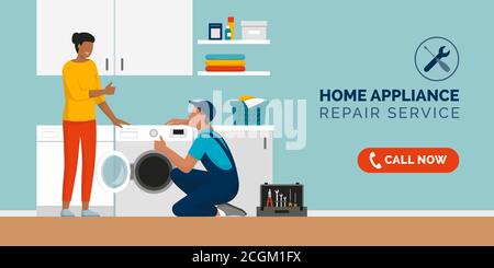 Expert repairman fixing a washing machine at home and happy customer smiling home appliance repair service concept Stock Vector Image Art Alamy