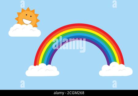 Smiling sun peeking out from behind a cloud and rainbow. Stock Vector