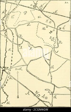 . Thirteenth regiment of New Hampshire volunteer infantry in the war of the rebellion, 1861-1865: a diary covering three years and a day . heleft of the road, in line of battle, was Fairchilds Brigade of the 2d Divi-sion, the Division commanded by Gen. Heckman. This force, precededby skirmishers, advanced over the open ground at 3.30 jj. m. They got DESCRIPTION OF MAP. A. Charles City Road. C. Allen. D. Hobson. B. B. Road followed from New Market Heights to Seven Pines.E. Old Union earth-works. F. Seven Pines battle-field.G. Hilliard. H. Kuhn. I. French. K. King.L. Williamsburg Road. M. York R Stock Photo