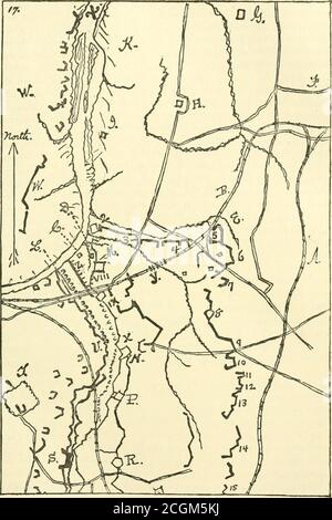 . Thirteenth regiment of New Hampshire volunteer infantry in the war of the rebellion, 1861-1865: a diary covering three years and a day . erate line captured June 15th, This old line faced east. The Confederates soon after retired tothe new inner line L. V. S., see June 18th. This new line gener-ally faces east.W. W. Confederate Batteries north of the Appomattox. F. City Point Ioad. G. Thomas Rushmore.H. Mr. Beasley. I. Mr. Rowlett. K. Heavy timber, 13th reserve camp. X. Appomattox River. M. Fort McGilvery near Battery VIII. ; next Batteries IX. and X. ; then N, Ft. Stedman, P, Ft. Haskell, R Stock Photo