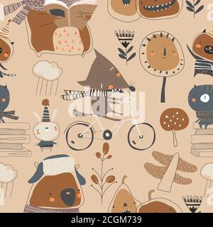 Seamless pattern with cute animals in autumn forest Stock Vector