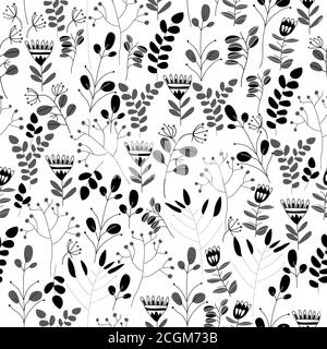 Seamless black and white floral pattern with flowers and leaves Stock Vector