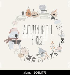 Cute animals with autumn elements. Hello autumn Stock Vector