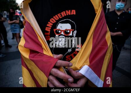Madrid, Spain. 11th Sep, 2020. A detail of a shirt of a supporter of far right during a protest against the Blanquerna case coinciding with the celebration of the 'Diada' National Day in Catalonia. Credit: Marcos del Mazo/Alamy Live News Stock Photo