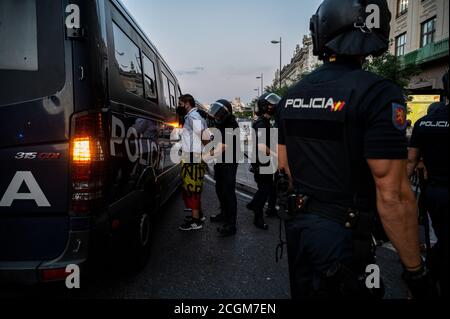 Madrid, Spain. 11th Sep, 2020. Police arresting a supporter of far right wing during a protest against the Blanquerna case coinciding with the celebration of the 'Diada' National Day in Catalonia. Credit: Marcos del Mazo/Alamy Live News Stock Photo