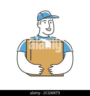 Delivery service man with box logo. Postman, moving symbol Stock Vector