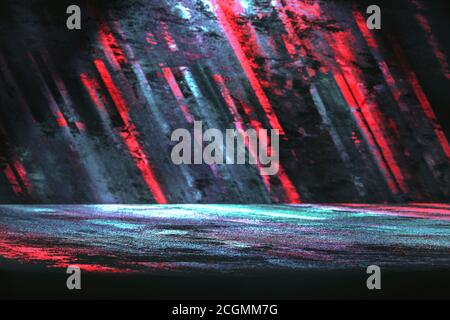 Abstract sport background concept with blurred diagonal red and magenta lines in the dark, with colored light on the floor Stock Photo