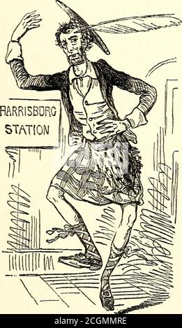 . Lincoln caricatures : during his campaign, after his election and during the Civil War . *has sent us the annexed sketch. Although the Kilt cannot becalled a very definite article of costume, yet, as the definite articlais worn by the chieftain for a prefix to his name, the adoption ofthe kilt can hardly be looked upon as a misdemeanor. The pre-cautionary measure of letting his whiskers grow, taken by TheMacLincoln, will now be fully appreciated by the public. Scottishchieftains invariably let their whiskers grow: they are obligedby feudal tenure to do so. Pipers also: so that Thurlow WeedLa Stock Photo