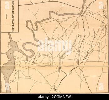 . The life and letters of George Gordon Meade, major-general United States Army . J fj SEVEN-DAYS BATTLES 3-MILES I. CIVIL WAR LETTERS 279 resulting in brisk skirmishing, with some loss in killed and woundedon both sides. Heintzelman gained his point, however, and main-tained it. We were under arms all day, ready to take part in ageneral action, if one should result. In the meantime, the batteriesopposite to us have been throwing their shot and shell at us, butwithout inflicting any injury. There is a report that the greatStonewall Jackson with his army has left Gordonsville and iscoming to Ri Stock Photo