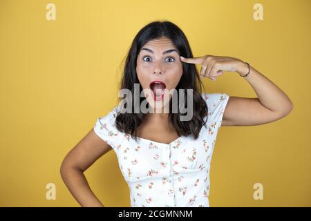 Beautiful woman over yellow background Beautiful woman over yellow background having an idea.Beautiful woman over yellow background having an idea. Stock Photo