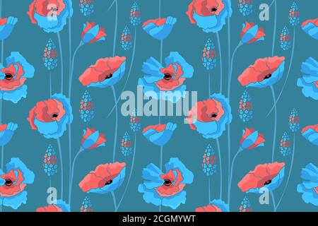 BArt floral vector seamless pattern. Blue, coral color flowers. Stock Vector
