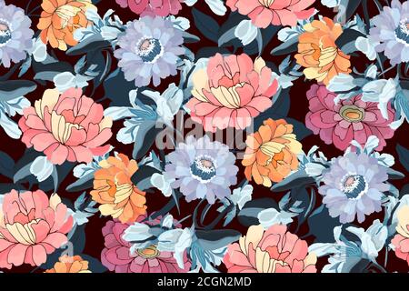 Vector floral seamless pattern. Pink, orange, blue zinnias, peonies. Stock Vector