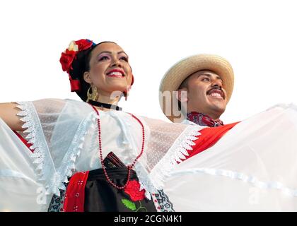 Portland, Oregon, USA - May 04, 2013 - Mexican dancers dressed in traditional costumes at the free annual outdoor Cinco de Mayo (May 5th) celebration Stock Photo