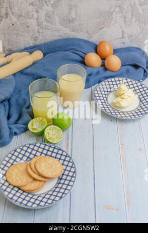 Delicius Lemon Pie Ingredients Rustic Background (blue) Stock Photo