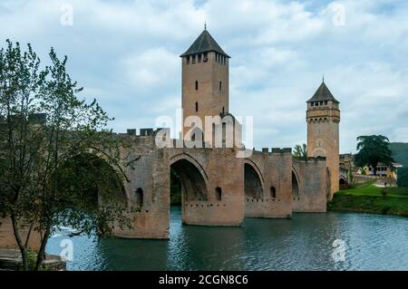 Cahors, France - October 25, 2013: View of the medieval Pont Valentre bridge over the River Lot, Cahors, France. Stock Photo