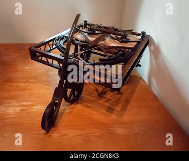 Amboise, France - October 31, 2013: Leonardo da Vinci machine for a car design in the Models room of chateau du Clos Luce, Amboise, France. Stock Photo