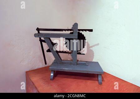 Amboise, France - October 31, 2013: Leonardo da Vinci motion transformation machine in the Models room of chateau du Clos Luce, Amboise, France. Stock Photo