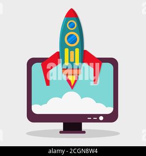 a rocket launching from a pc monitor for business startup concept vector illustration Stock Vector