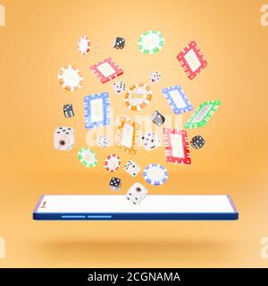 The dice and gambling chips flying off the screen of the blue mobile phone on an orange background. The concept of online casino gambling. 3D renderin Stock Photo