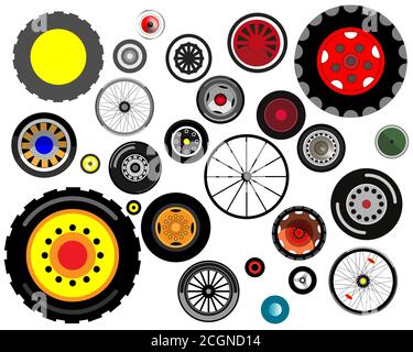 A set of wheels from cars, tractors, bicycles and children's cars Stock Vector