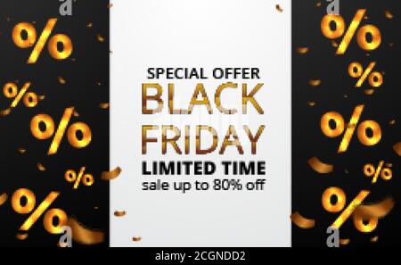 percentage pattern golden falling with gold confetti for black friday sale discount event for poster banner template Stock Vector