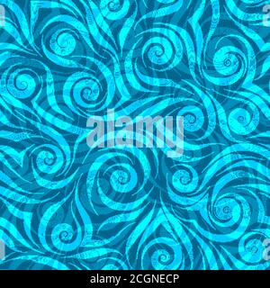 Stock seamless vector pattern of smooth stripes of blue color in the form of spirals and waves on a blue background. Bright texture from abstract Stock Vector