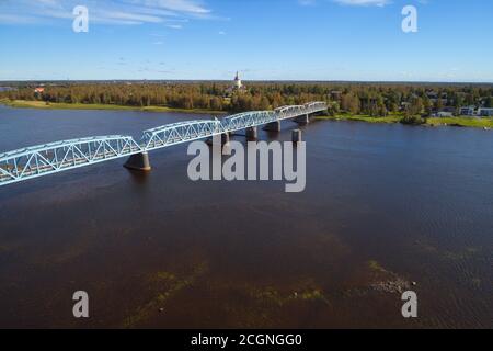 Aerial view of the railroad bridge crossing the Torne river the border crossing between Sweden and Finland seen from Haparanda. Stock Photo