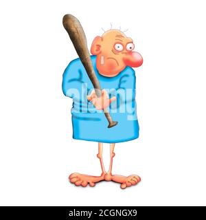 Strange man in a hospital shirt and with a bat. Illustration on a white background Stock Photo