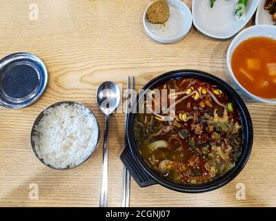 Haejang-guk, or Hangover soup - soup eaten as a hangover cure in Korean cuisine. Sliced congealed ox blood similar to black pudding in a beef broth. Stock Photo