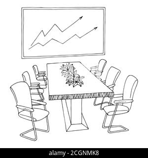 Office meeting room black white graphic interior sketch illustration vector Stock Vector