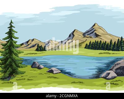 Mountain lake graphic color landscape illustration vector Stock Vector