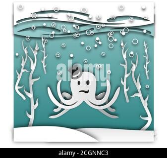 Funny octopus in a top hat surrounded by a seascape. Vector illustration Stock Vector