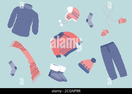 a set of warm clothes consisting of warm pants, jackets, boots, sweaters, hats, scarves and mittens on a light blue background Stock Vector