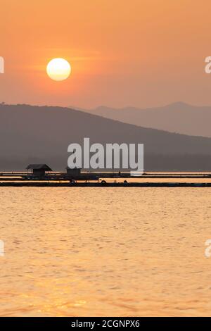 A tranquil houseboat community on a lake at sunset, farmers feeding freshwater fish in fish farming cage, rural scene in west Thailand. Stock Photo