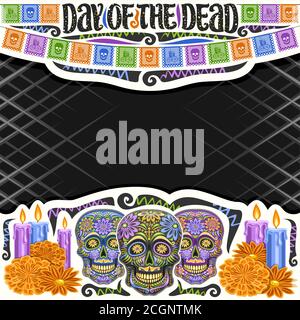 Vector frame for Day of the Dead with copyspace, decorative cut paper square layout with illustration of black scary skull, burning candles, colorful Stock Vector