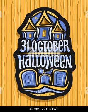 Vector logo for Halloween holiday, black decorative badge with old castle on blue sky background and tombstones in cemetery, unique letters for for wo Stock Vector