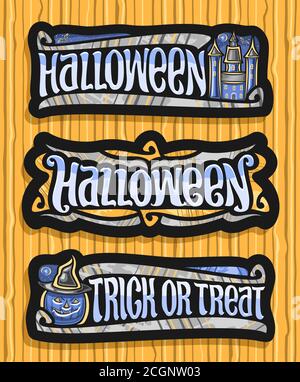 Vector set for Halloween holiday, 3 isolated illustrations with old castle and decorative flourishes, halloween Jack-o-Lantern in hat and unique brush Stock Vector