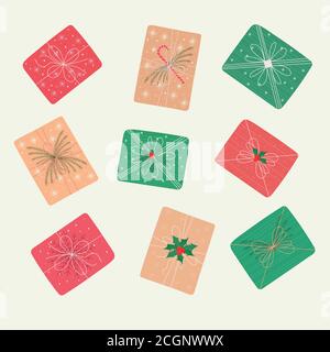 Set of Christmas gifts, top view. Vector illustration. Stock Vector