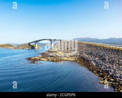 Road leads over modern bridge, blue sky, Atlantic road, Norwegian Landscape Route Atlanterhavsveien, Hustadvika, More og Romsdal, Atlantic coast Stock Photo