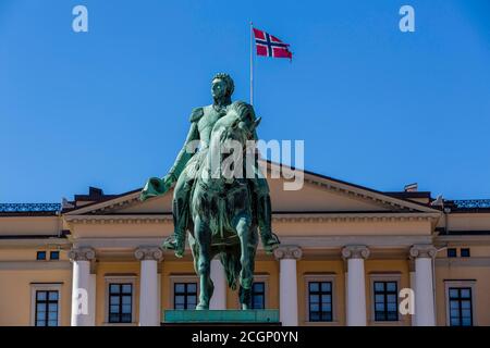 Statue of Charles XIV John, King of Sweden, Charles III John, King of Norway, in front of the Royal Castle, Oslo, Norway Stock Photo